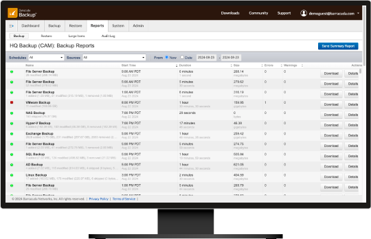 Schermata della scheda dei report di Barracuda Backup